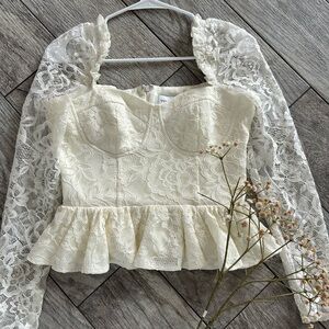Lace Peplum Long-Sleeve Crop Top - Cream